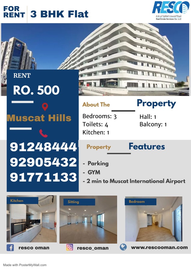 For rent 3 BHK Flat at Muscat Hills (The Gulf Tower Building)